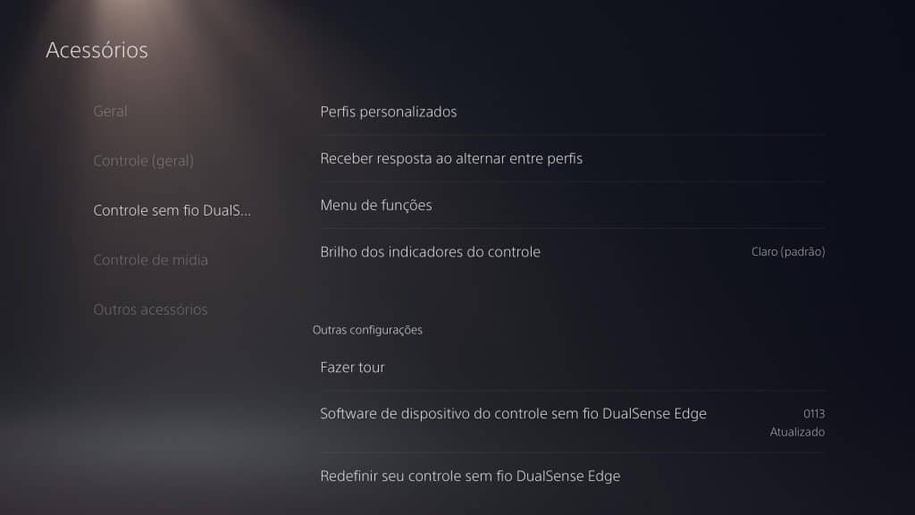 Menu específico para DualSense Edge (Imagem: reprodução)