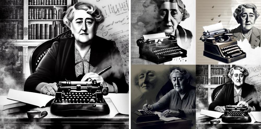 Agatha Christie escreve um novo livro de mistérios, dupla exposição, estilo noir