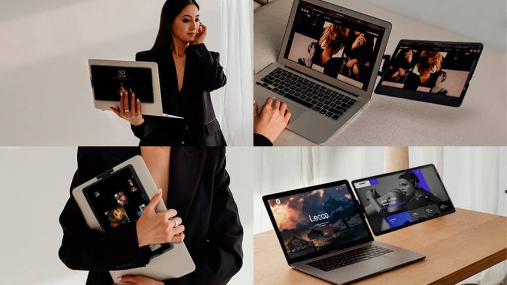 Quatro imagens de mulher usando um monitor portátil